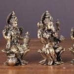 4" Brass Superfine Ganesha Lakshmi Saraswati Set | Divine Trinity on Lotus | Sacred Festival Idols